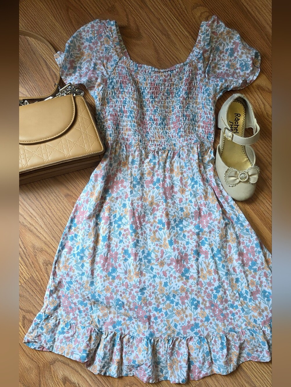 Wonder Nation Soft Floral Smocked Waist Dress — Blue, Red, Orange 6 - 6x
